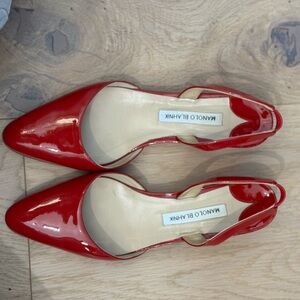 Manolo Blahnik Red Patent Leather Slingback Low Heels
